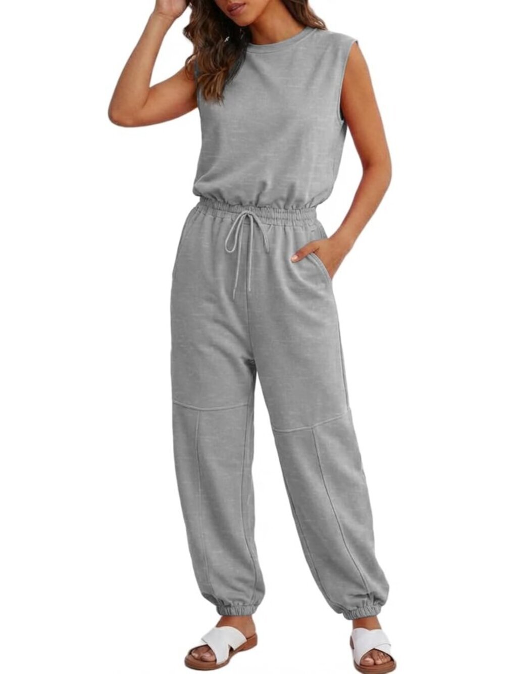 Women's Summer Long Jumpsuit Grey1 Round Neck Sleeveless Wide Leg with Pockets